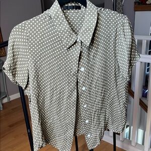 Short Sleeved Silk Polka Dot Button-Up Blouse